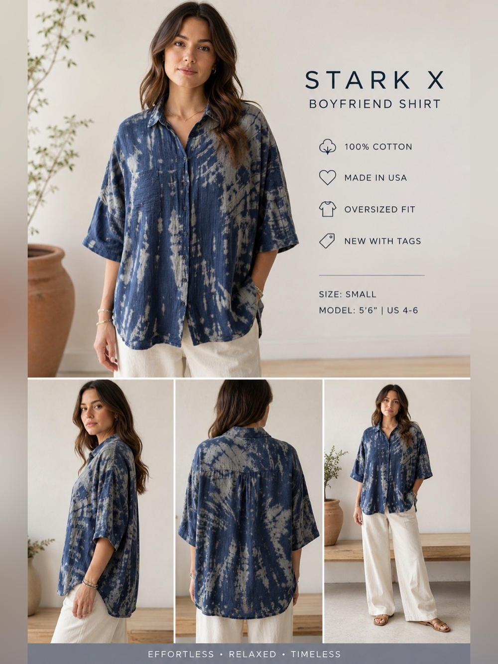 NWT Stark X Boyfriend Shirt Size S Blue Tie Dye 100% Cotton Made in USA Oversize